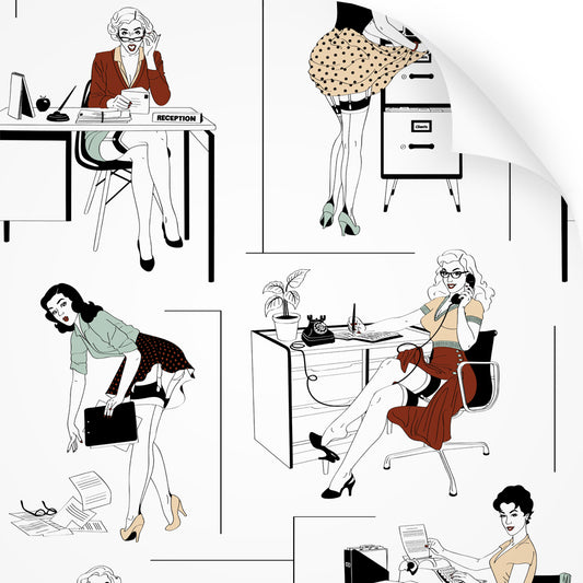 wallpaper swatch with sexy office secretaries design in retro colours
