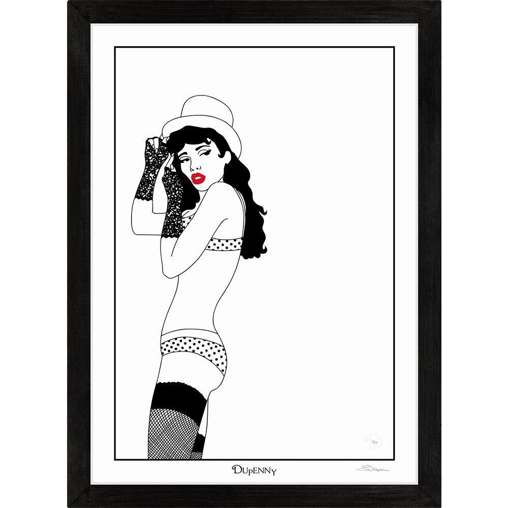 Monochrome art print of burlesque girl with top hat and red lips