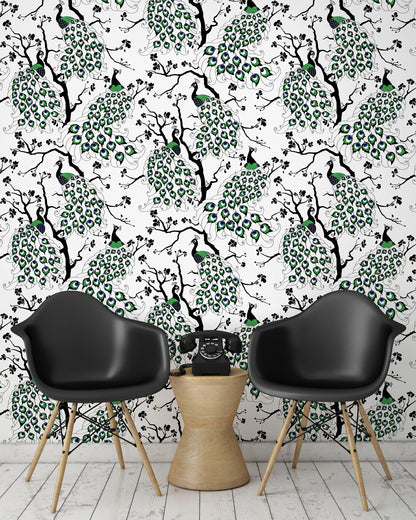 room shot with peacock wallpaper design, in colour 