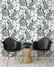 Load image into Gallery viewer, room shot with peacock wallpaper design, in colour 