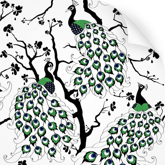 wallpaper swatch with peacock design, in colour 