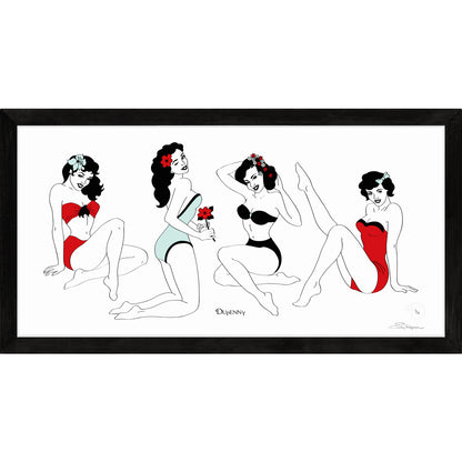 Framed art print featuring retro four pin up ladies