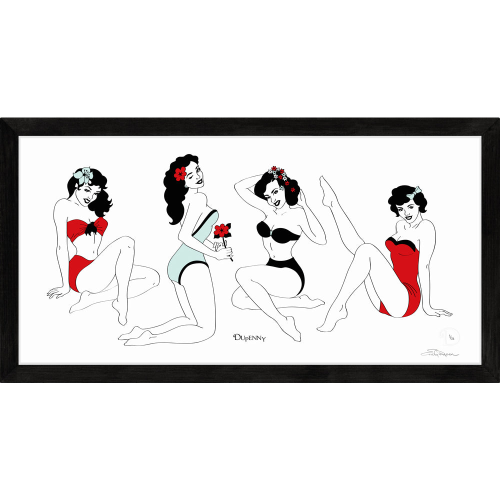 Framed art print featuring retro four pin up ladies