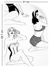 Load image into Gallery viewer, a4 wallpaper swatch with retro pinup girl design in monochrome