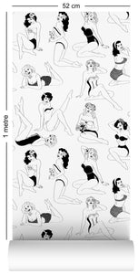 1m wallpaper swatch with retro pinup girl design in monochrome