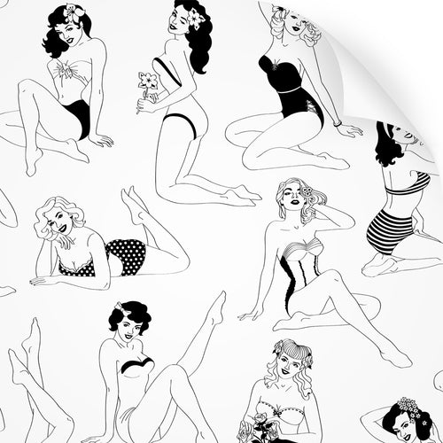 wallpaper swatch with retro pinup girl design in monochrome