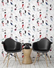 Load image into Gallery viewer, room shot with pinup girl wallpaper design in retro colours