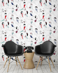 room shot with pinup girl wallpaper design in retro colours