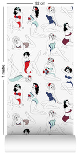 1m wallpaper swatch with pinup girl design in retro colours