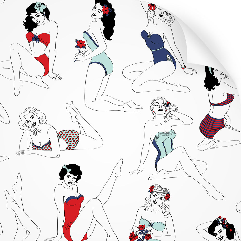 wallpaper swatch with pinup girl design in retro colours