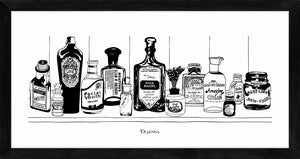 Monochrome art print of Victorian apothecary shelf with potions.