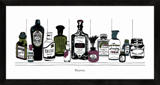 Art print of Victorian apothecary shelf with potions.