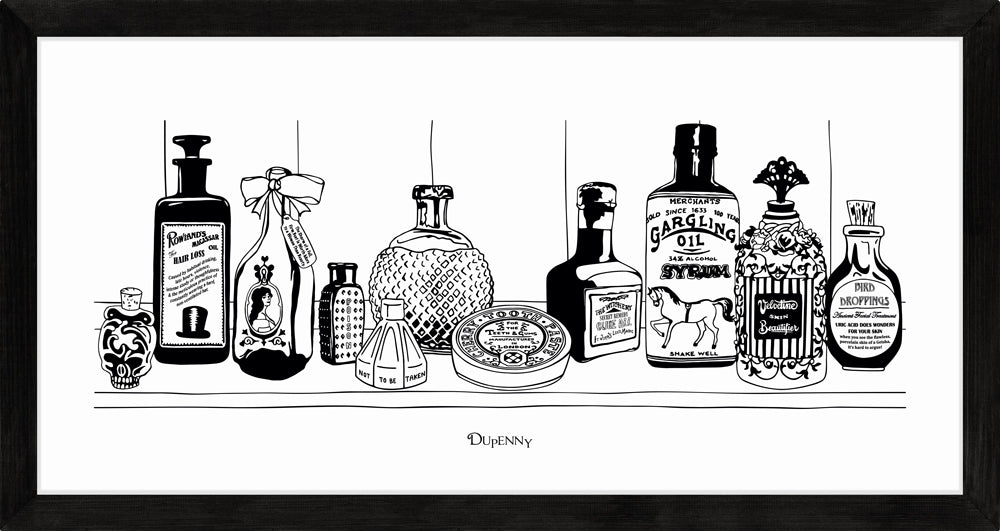 Monochrome art print of Victorian apothecary shelf with potions.