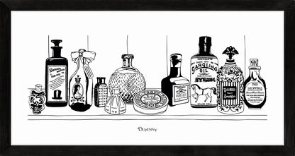 Monochrome art print of Victorian apothecary shelf with potions.