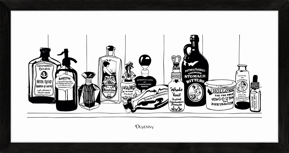 Monochrome art print of Victorian apothecary shelf with potions.