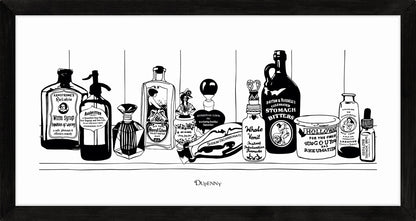 Monochrome art print of Victorian apothecary shelf with potions.