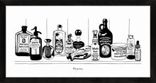 Load image into Gallery viewer, Monochrome art print of Victorian apothecary shelf with potions.