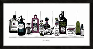 Art print of Victorian apothecary shelf with potions.