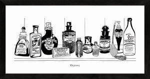 Monochrome art print of Victorian apothecary shelf with potions.