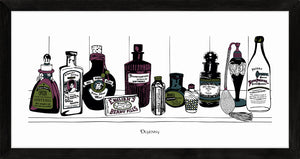 Art print of Victorian apothecary shelf with potions.