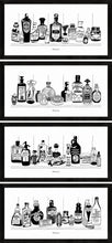 Load image into Gallery viewer, Set of four monochrome art prints of Victorian apothecary shelves with potions.