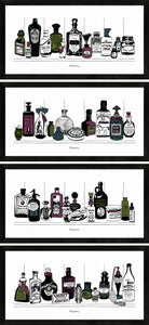 Set of four art prints of Victorian apothecary shelves with potions.