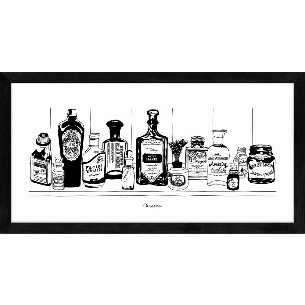 Monochrome art print of Victorian apothecary shelf with potions.
