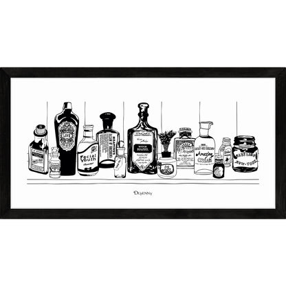 Monochrome art print of Victorian apothecary shelf with potions.
