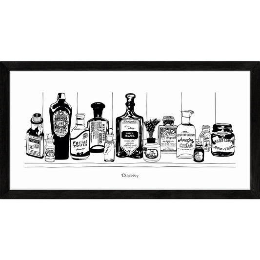 Monochrome art print of Victorian apothecary shelf with potions.