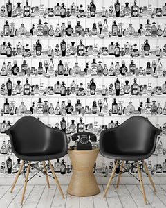 room shot with victorian apothecary wallpaper design in black and white