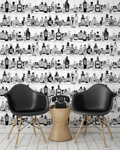 Load image into Gallery viewer, room shot with victorian apothecary wallpaper design in black and white