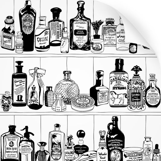 wallpaper swatch with victorian apothecary design in black and white