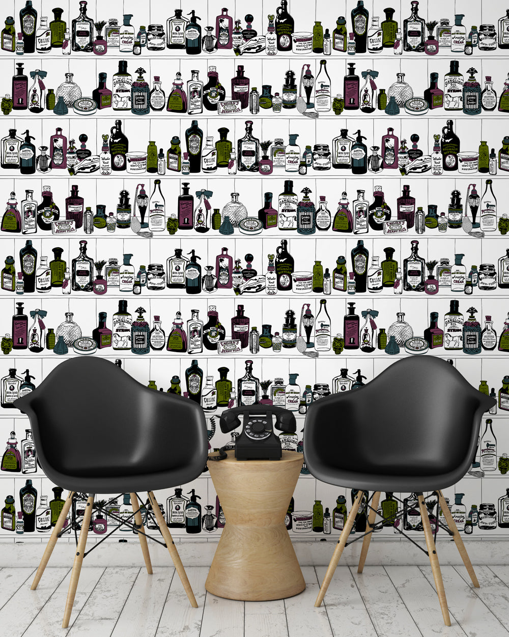 room shot with victorian apothecary wallpaper design in vintage colours