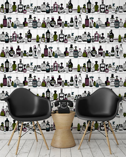 room shot with victorian apothecary wallpaper design in vintage colours