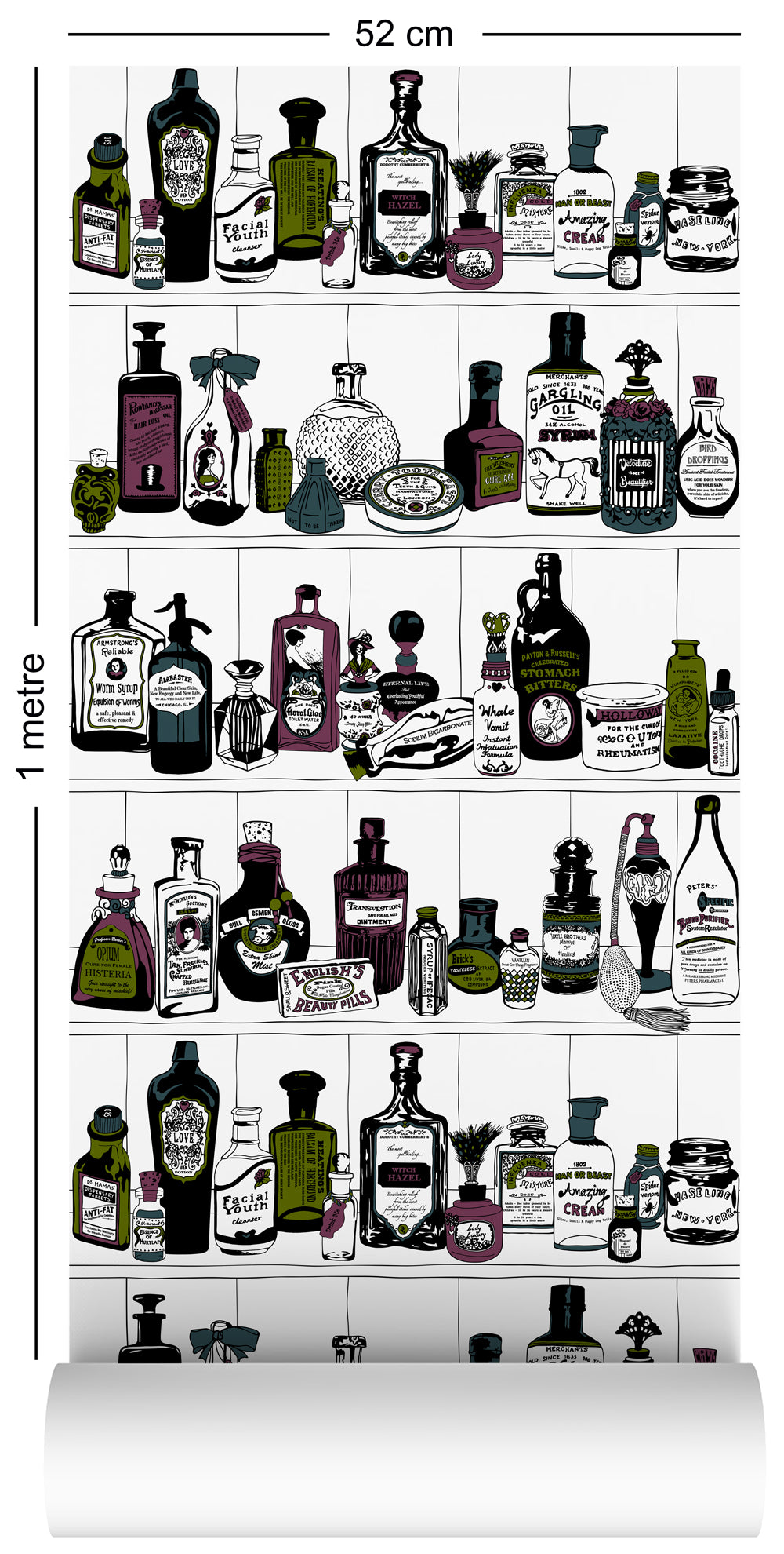 1m wallpaper swatch with victorian apothecary design in vintage colours