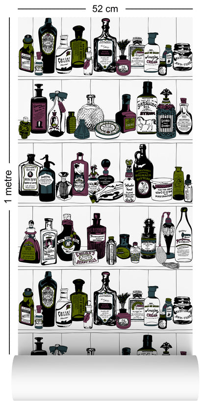 1m wallpaper swatch with victorian apothecary design in vintage colours