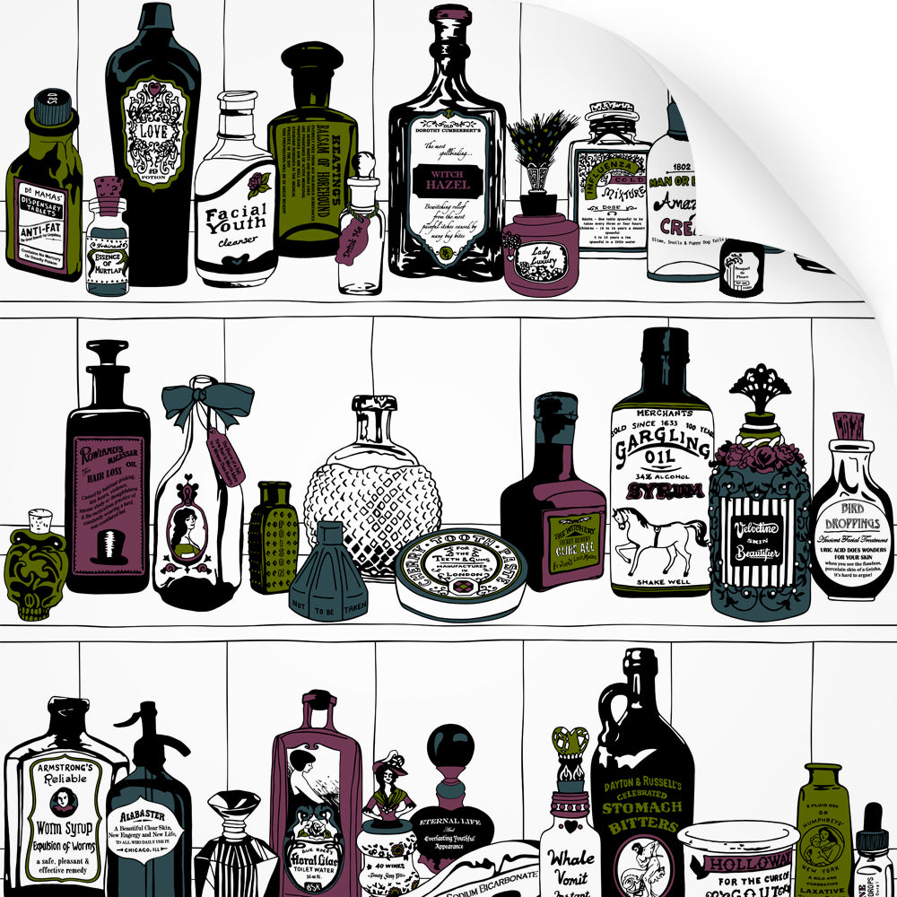 wallpaper swatch with victorian apothecary design in vintage colours