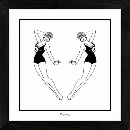 Monochrome art print featuring two synchronised swimmers.