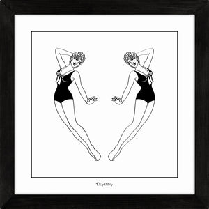Monochrome art print featuring two synchronised swimmers.