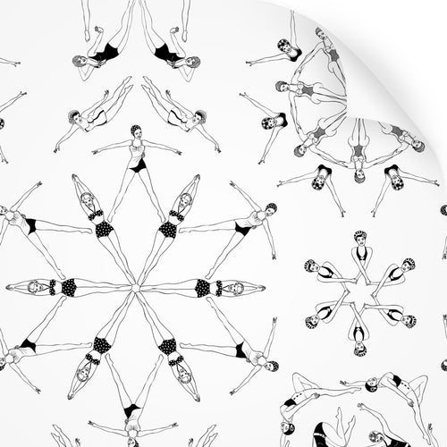 wallpaper swatch with synchronised swimmer design in monochrome