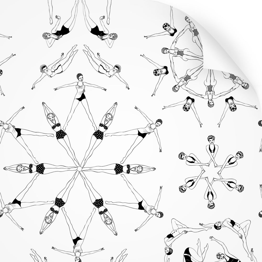 wallpaper swatch with synchronised swimmer design in monochrome