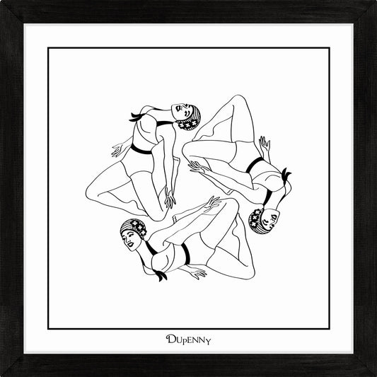 Monochrome art print featuring three synchronised swimmers.