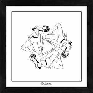 Monochrome art print featuring three synchronised swimmers.