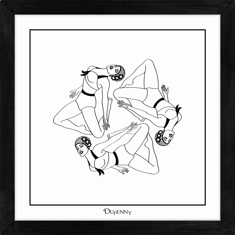 Monochrome art print featuring three synchronised swimmers.