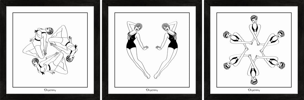 Set of three monochrome art prints featuring synchronised swimmers.