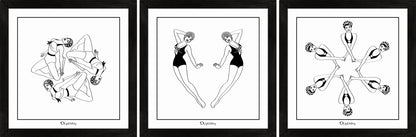 Set of three monochrome art prints featuring synchronised swimmers.