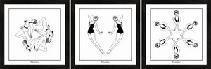 Set of three monochrome art prints featuring synchronised swimmers.