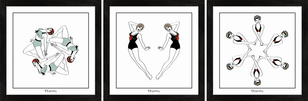 Set of three art prints featuring three synchronised swimmers.