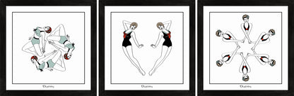 Set of three art prints featuring three synchronised swimmers.