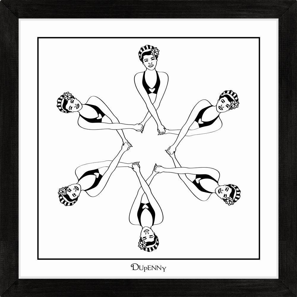 Monochrome art print featuring six synchronised swimmers.